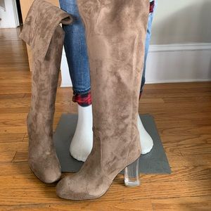 Jeffery Campbell designer over the knee beige suede boots with lucite heel 8 1/2